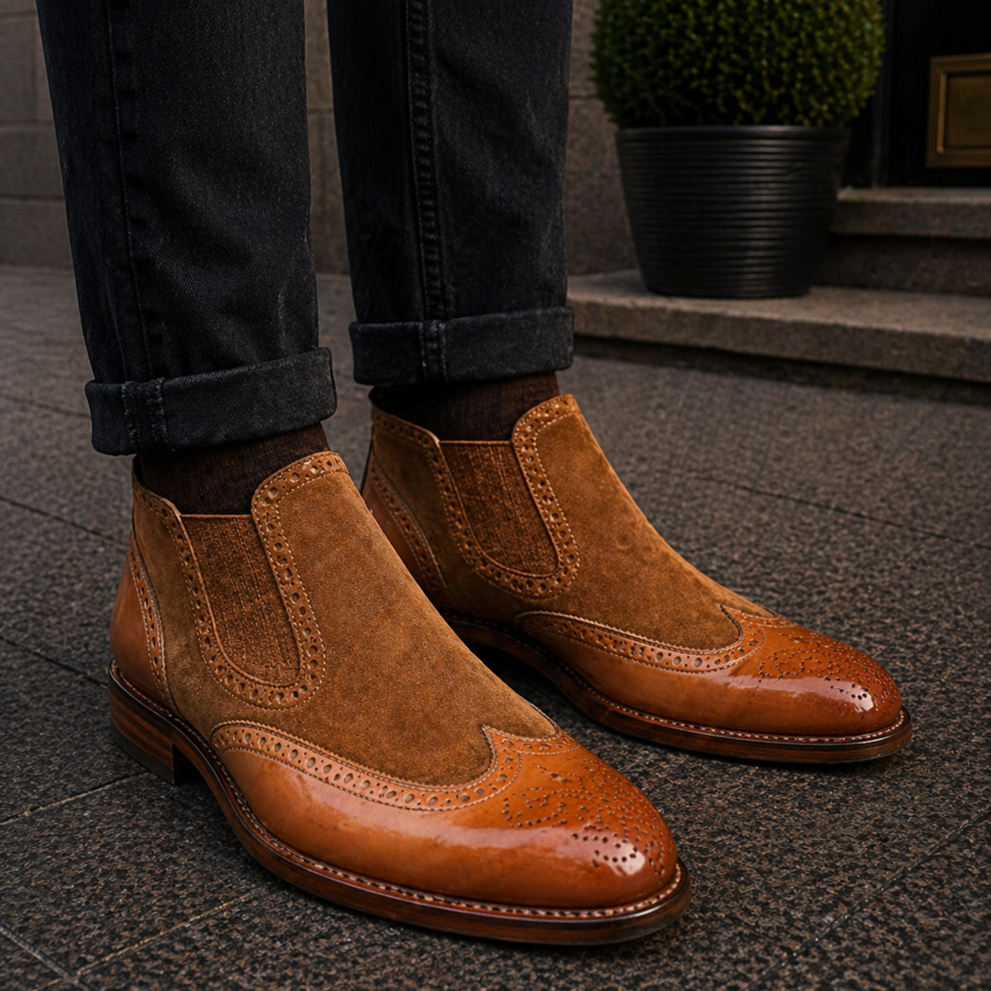 Men's Two Tone Brown Leather & Suede Shoes