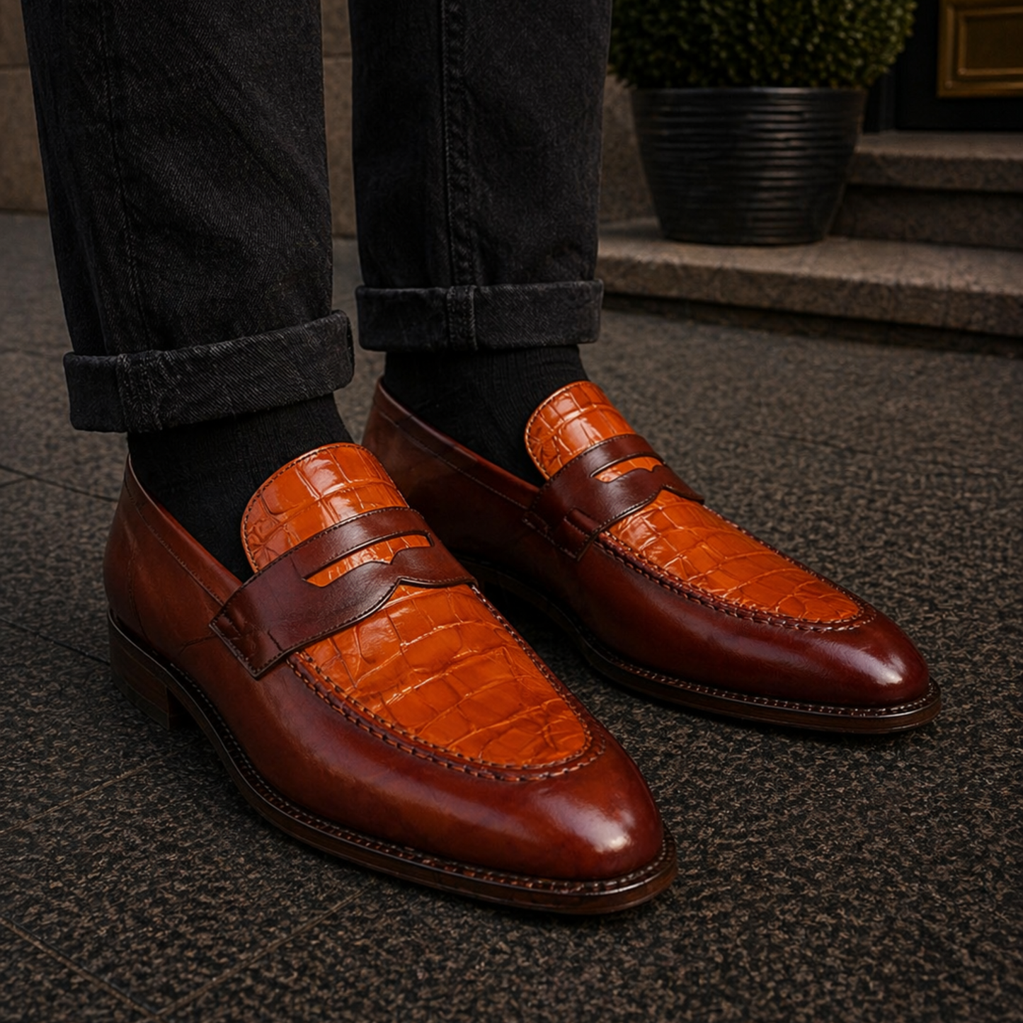 Men's Two Tone Tan Brown Alligator Leather Penny Loafers