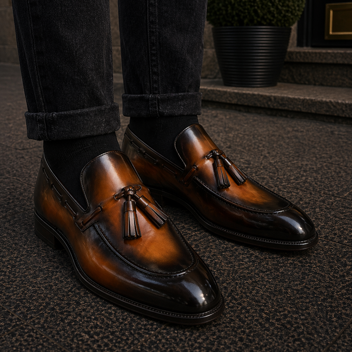 Handmade Men's Brown Patina Leather Tassel Loafers