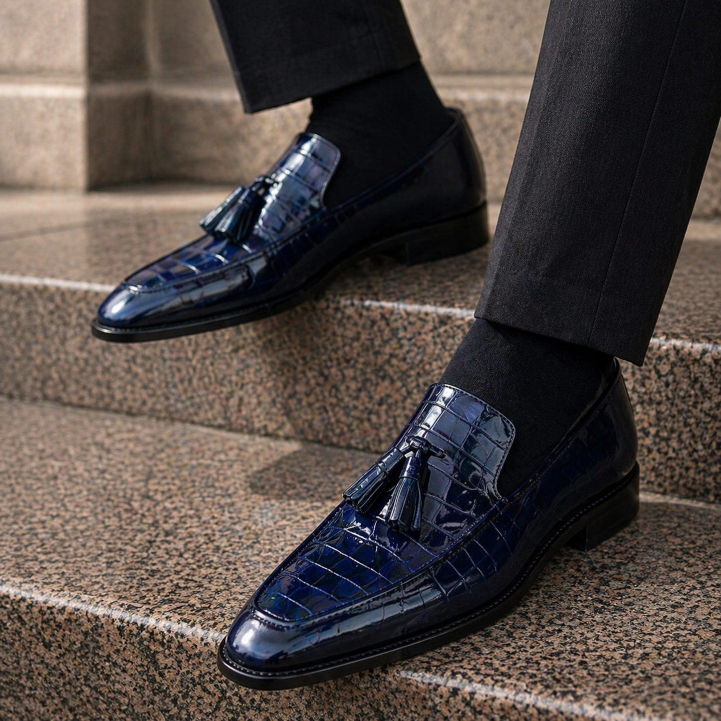 Men's Blue Alligator Texture Leather Tassel Loafers