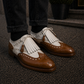 Men's Tan Brown & White Leather Fringed Wingtip Shoes