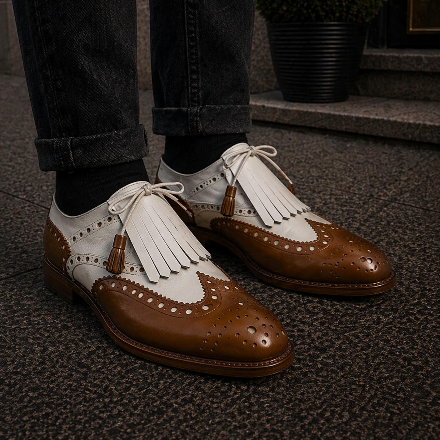 Men's Tan Brown & White Leather Fringed Wingtip Shoes