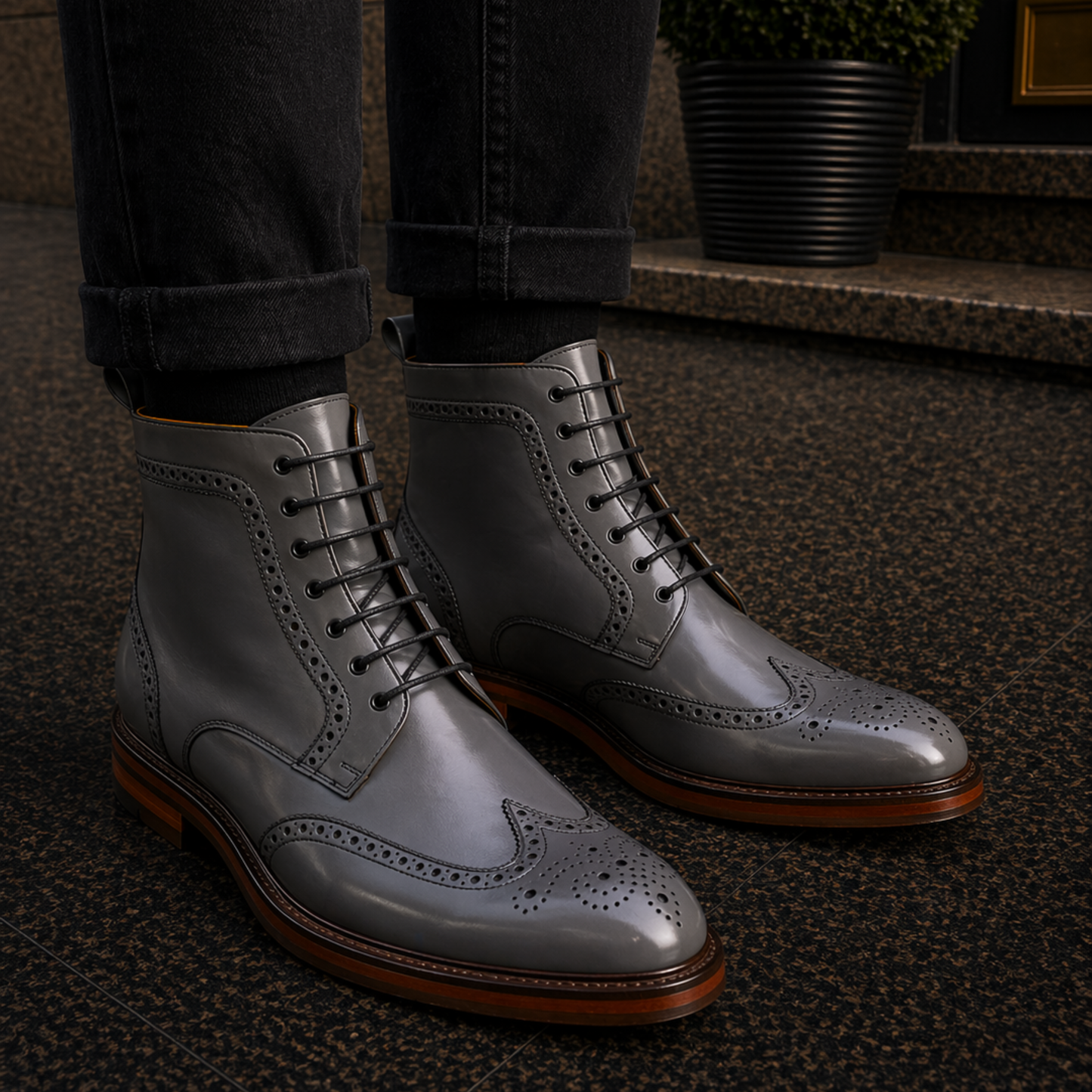 Handmade Men's Grey Wingtip Leather Boots