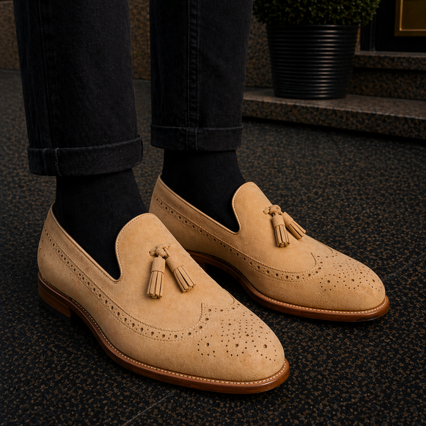 Men's Beige Suede Leather Tassel Loafers