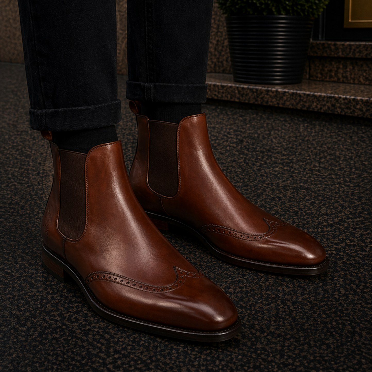 Men's Brown Leather Wingtip Chelsea Boots