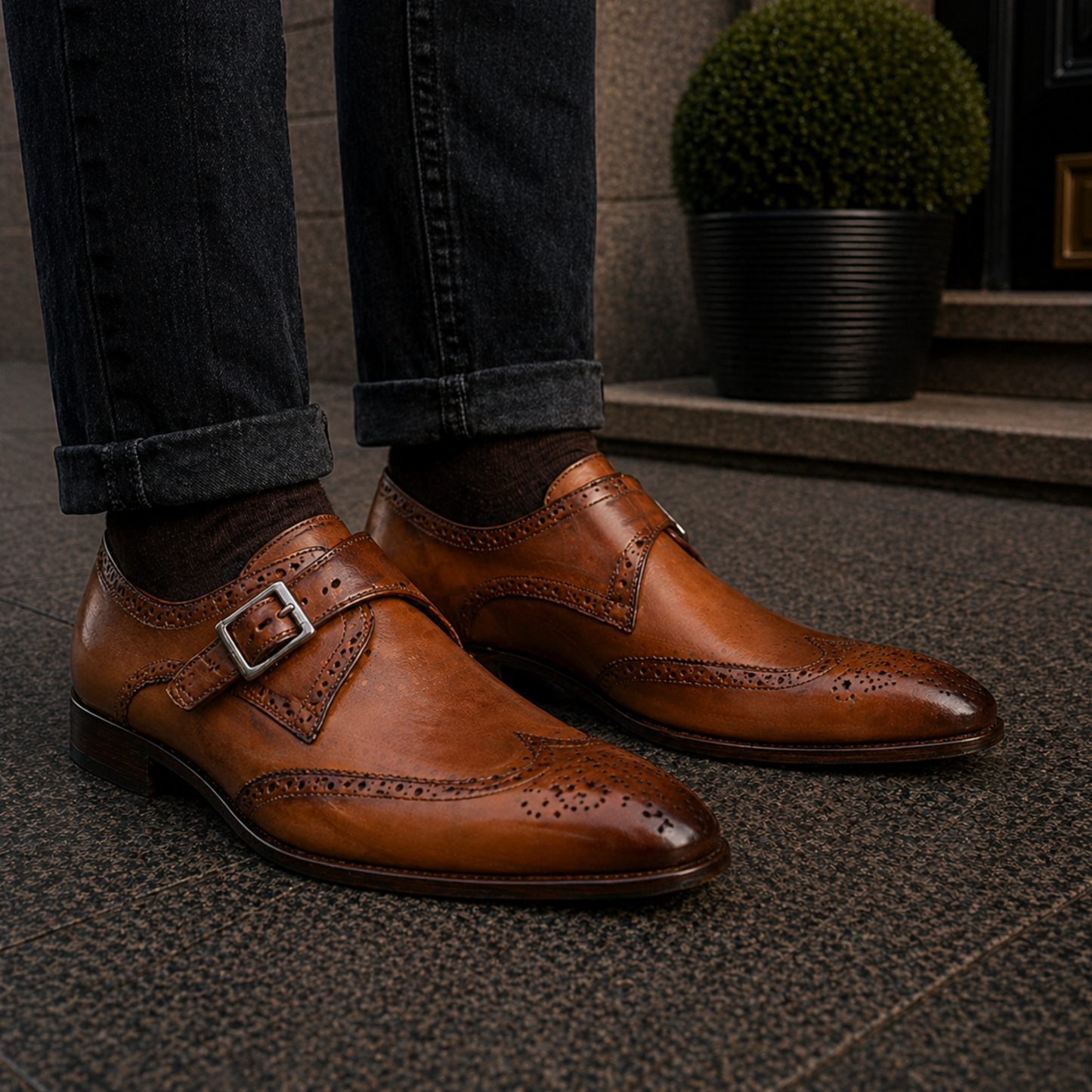 Men's Brown Leather Oxford Wingtip Monk Shoes