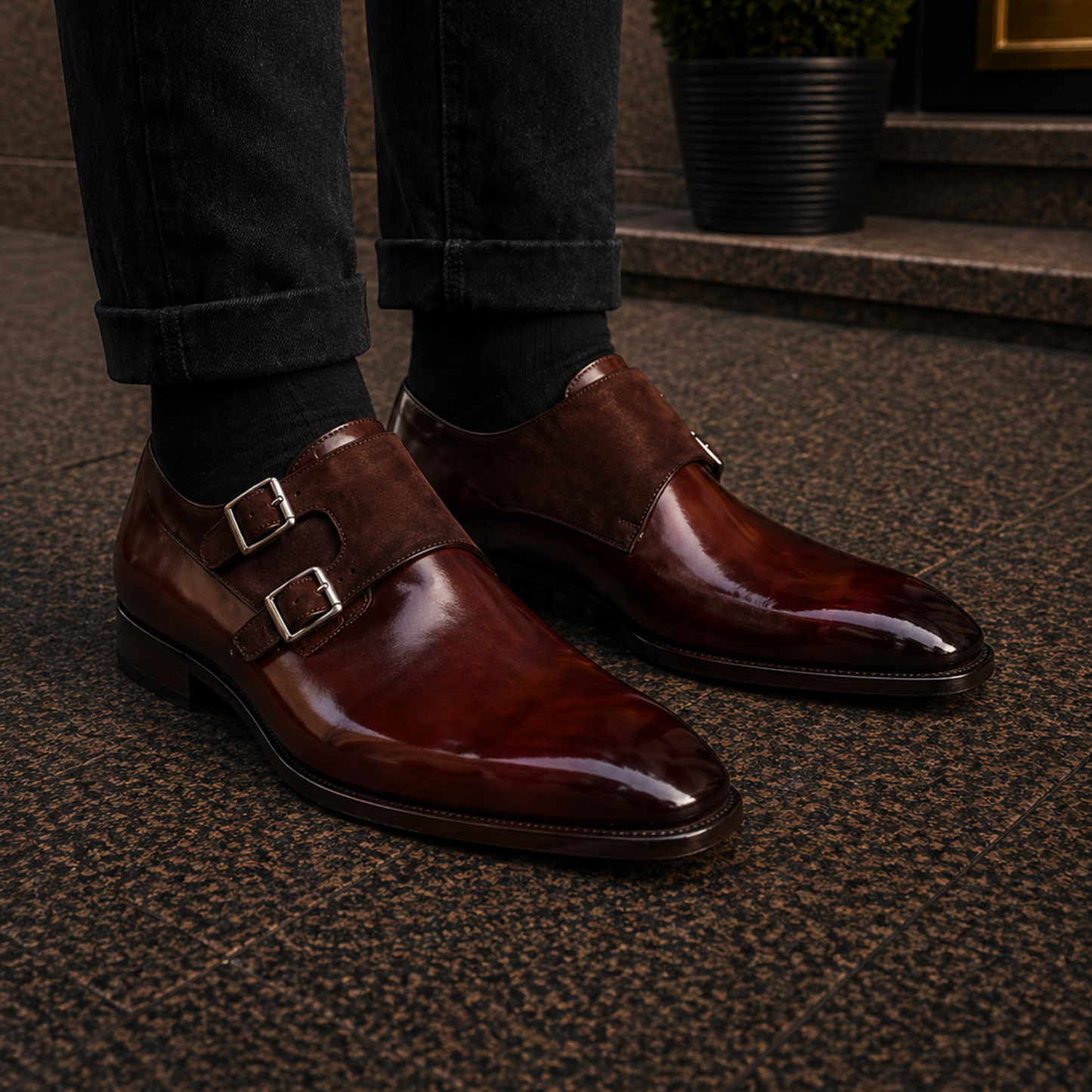 Men's Brown Suede Leather Double Monk Formal Shoes