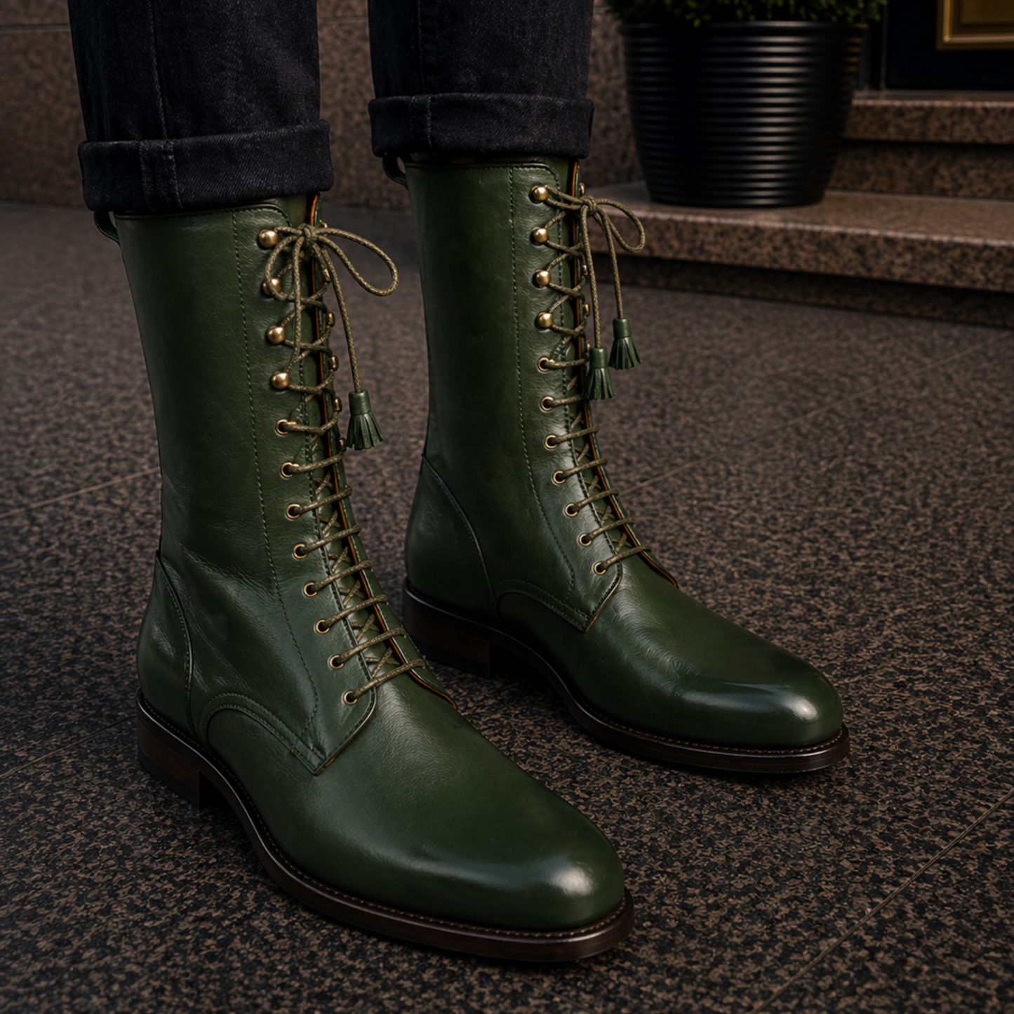 Men's Genuine Green Leather Long Boots