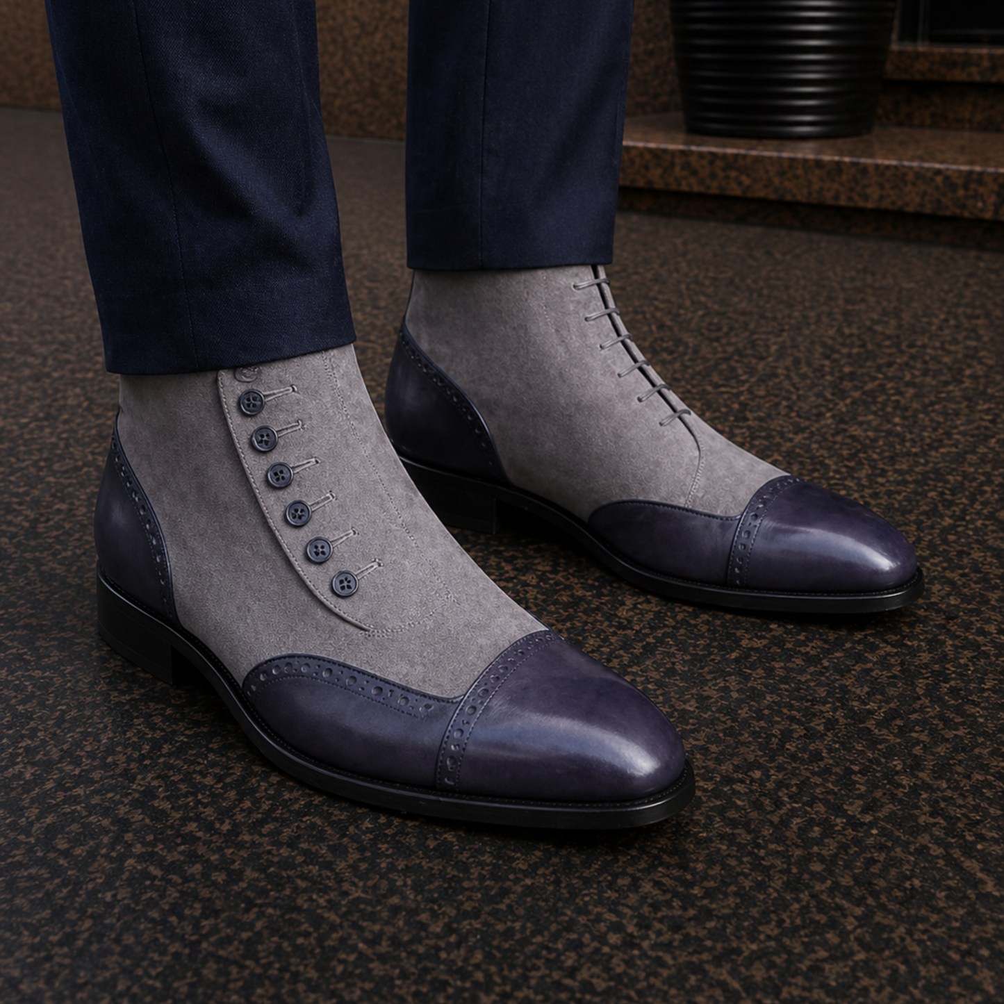 Men's Grey Patina Leather & Suede Button Boots