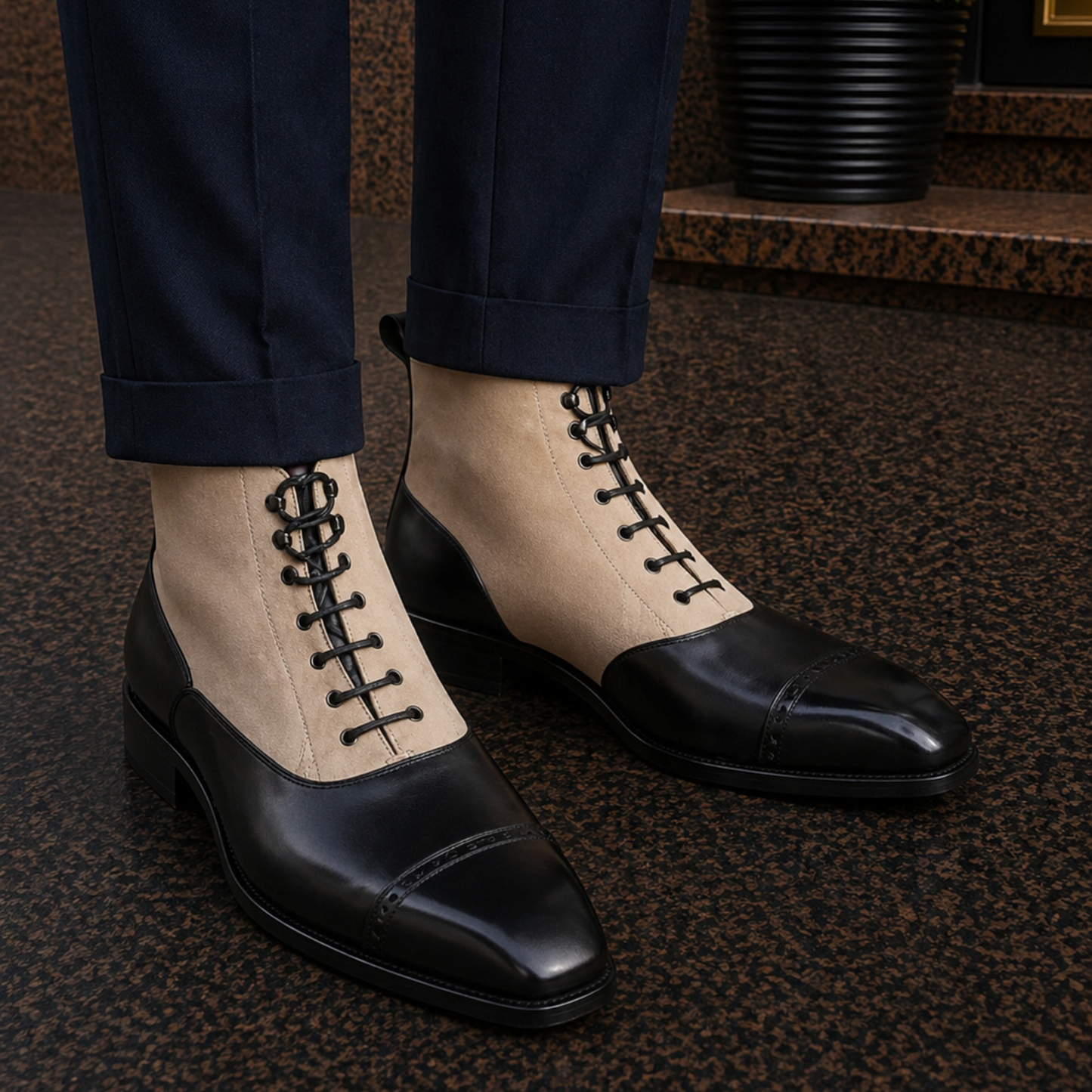 Men's Beige & Black Suede Leather Dress Boots
