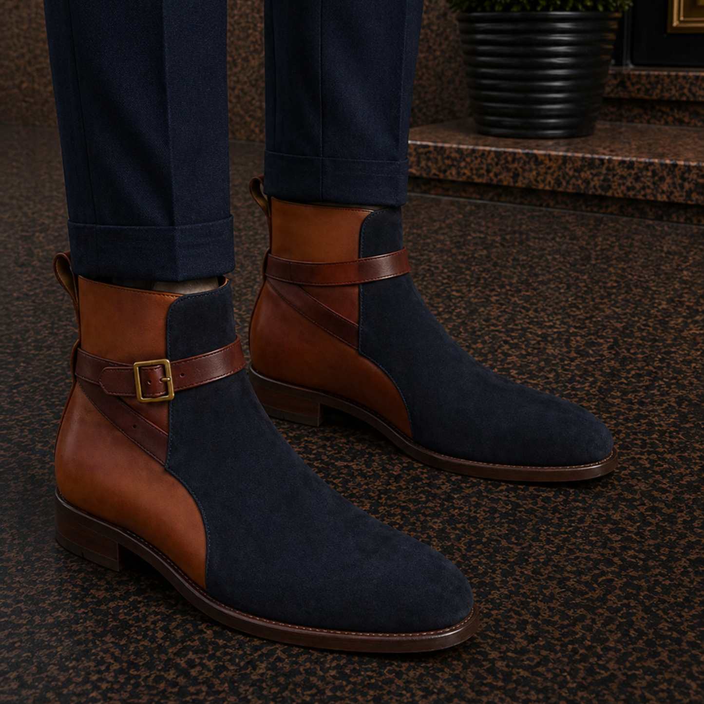 Men's Brown & Blue Suede Leather Jodhpur Boots