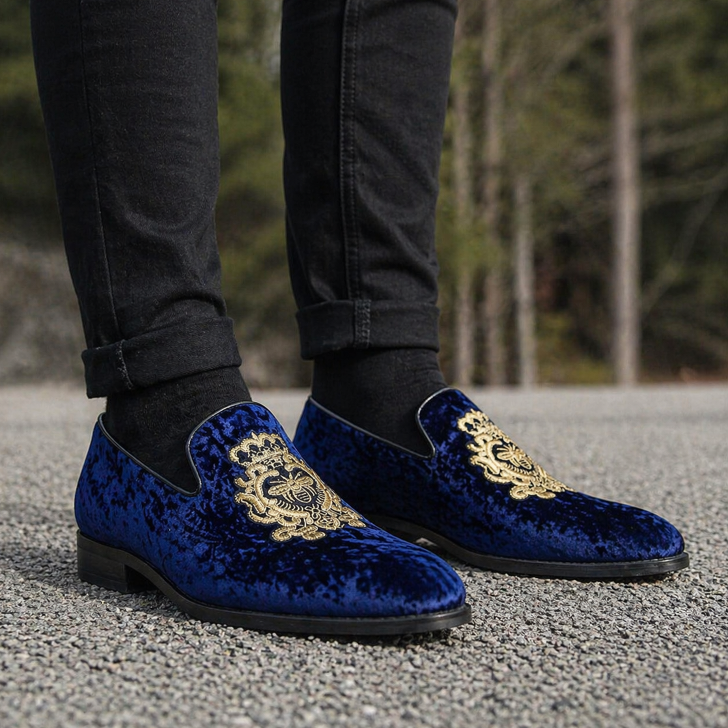 Handmade Men's Blue Embroidered Velvet Luxury Loafers