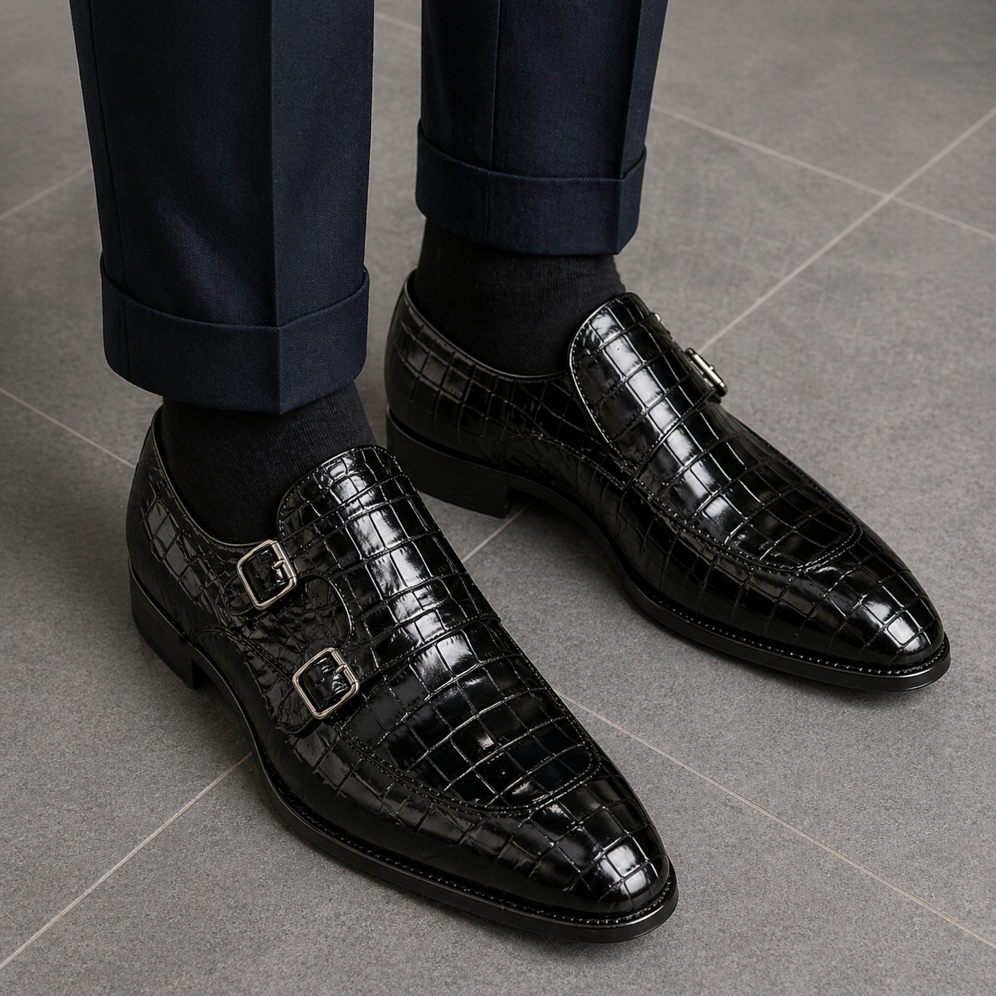 Men's Black Crocodile Texture Leather Monk Shoes