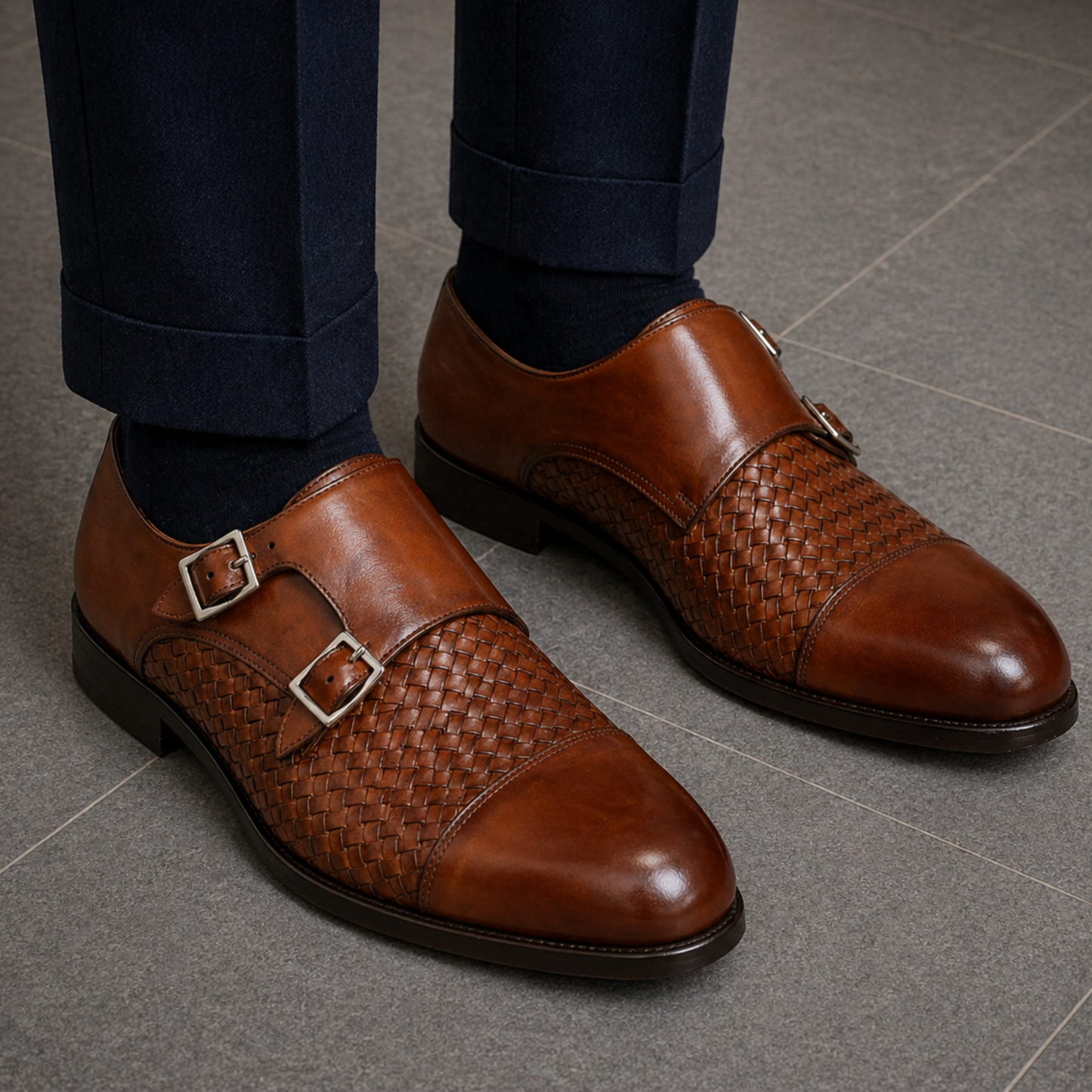 Men's double buckle shoe in sienna brown woven leather