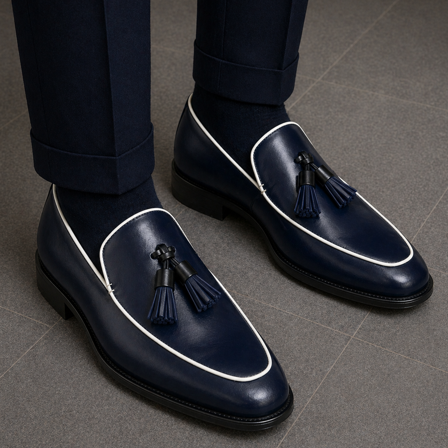 Men's Navy Blue Leather Tasseled Moccasin Loafers