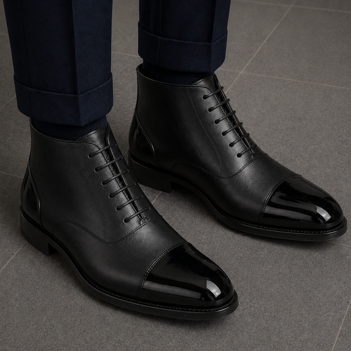 Men's Black Leather Ankle High Luxury Dress Boots