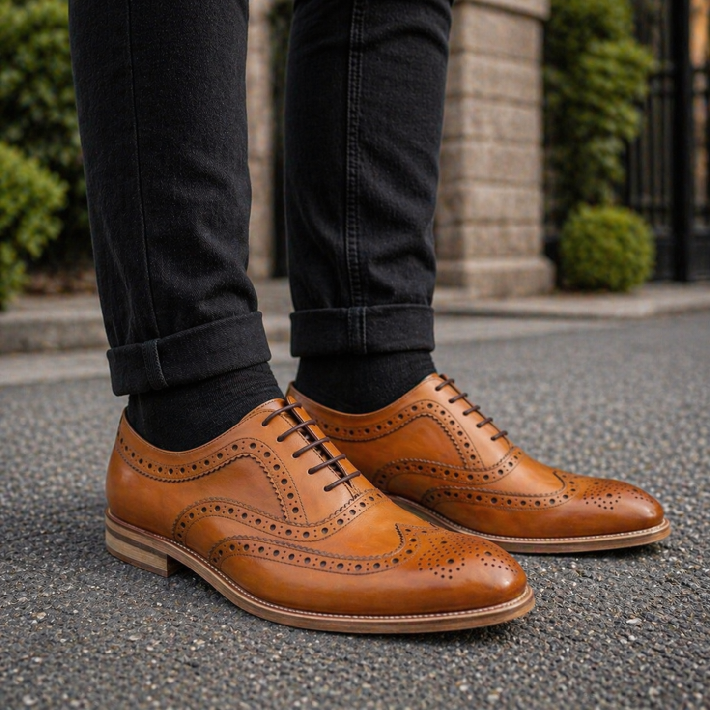 Men's Tan Leather Wingtip Brogue Oxford Shoes
