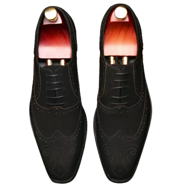 Handmade Men's Black Suede Leather Wingtip Oxford Shoes