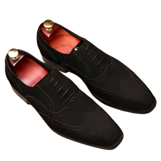 Handmade Men's Black Suede Leather Wingtip Oxford Shoes