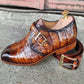 Men's Brown Crocodile Texture Leather Monk Shoes