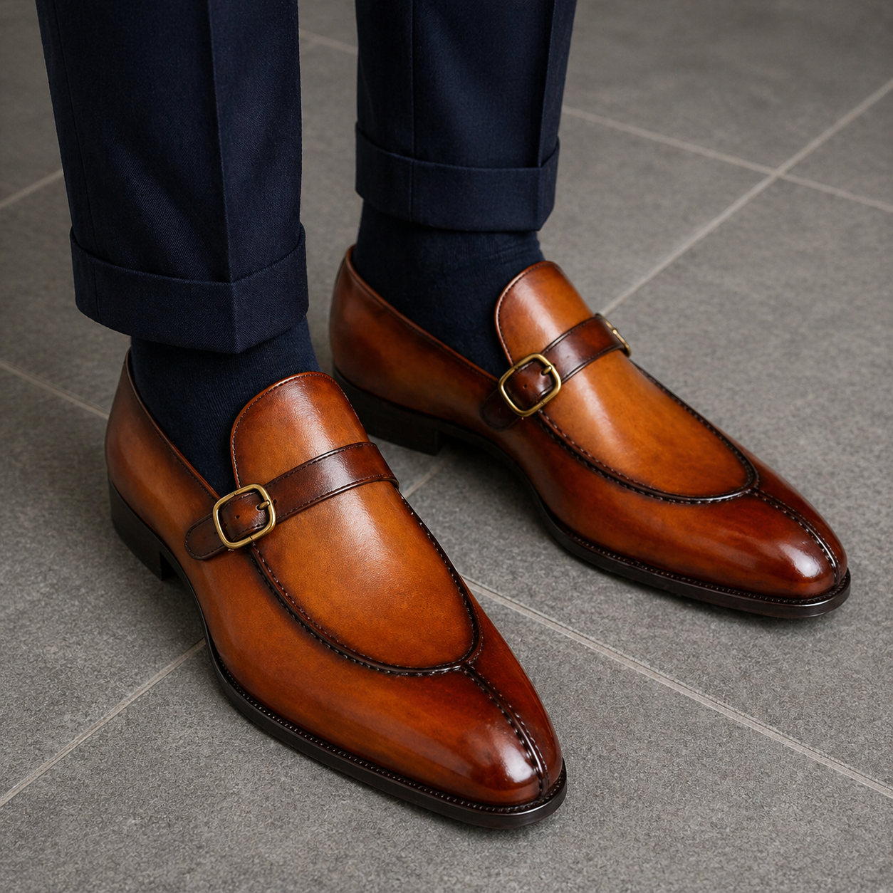 Men's Brown Patina Leather Monk Buckle Loafers