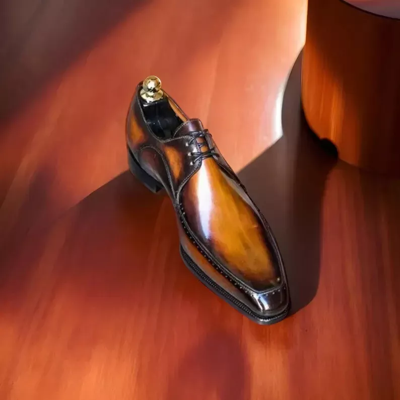 Men's Tan Brown Patina Leather Derby Shoes