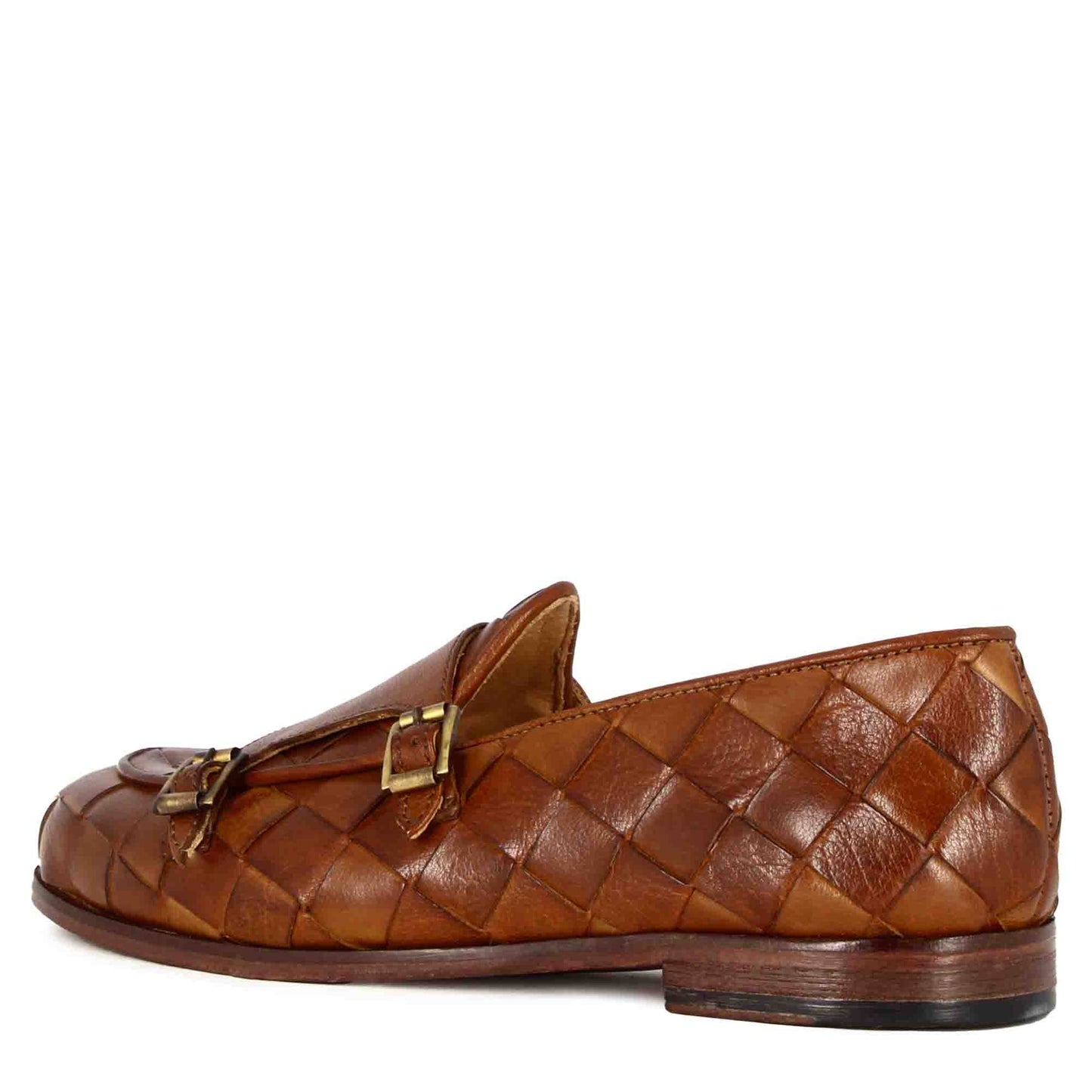 Brown moccasin with double golden buckle for men in woven leather