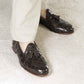 Men's loafers with tassels in dark brown woven leather