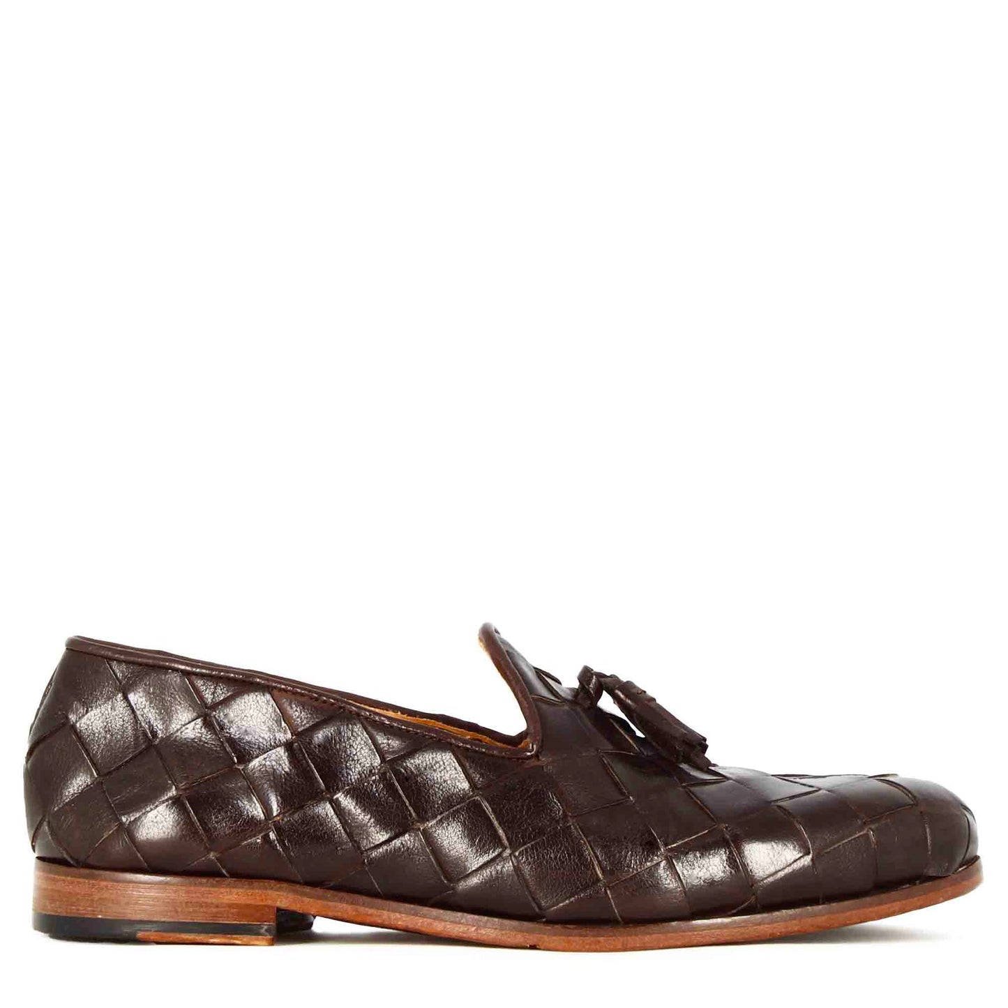 Men's loafers with tassels in dark brown woven leather