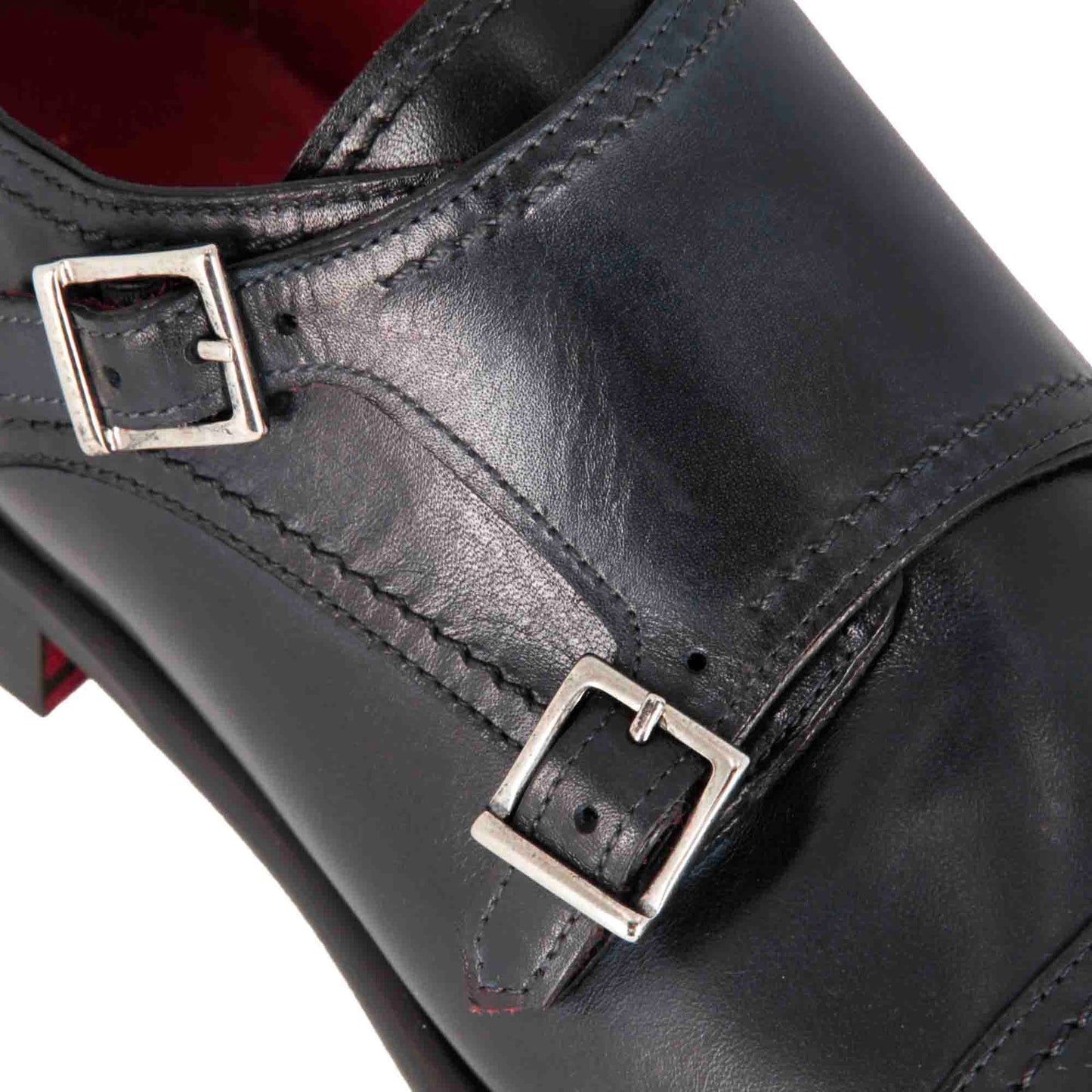 Men's double buckle shoe in dark blue smooth leather