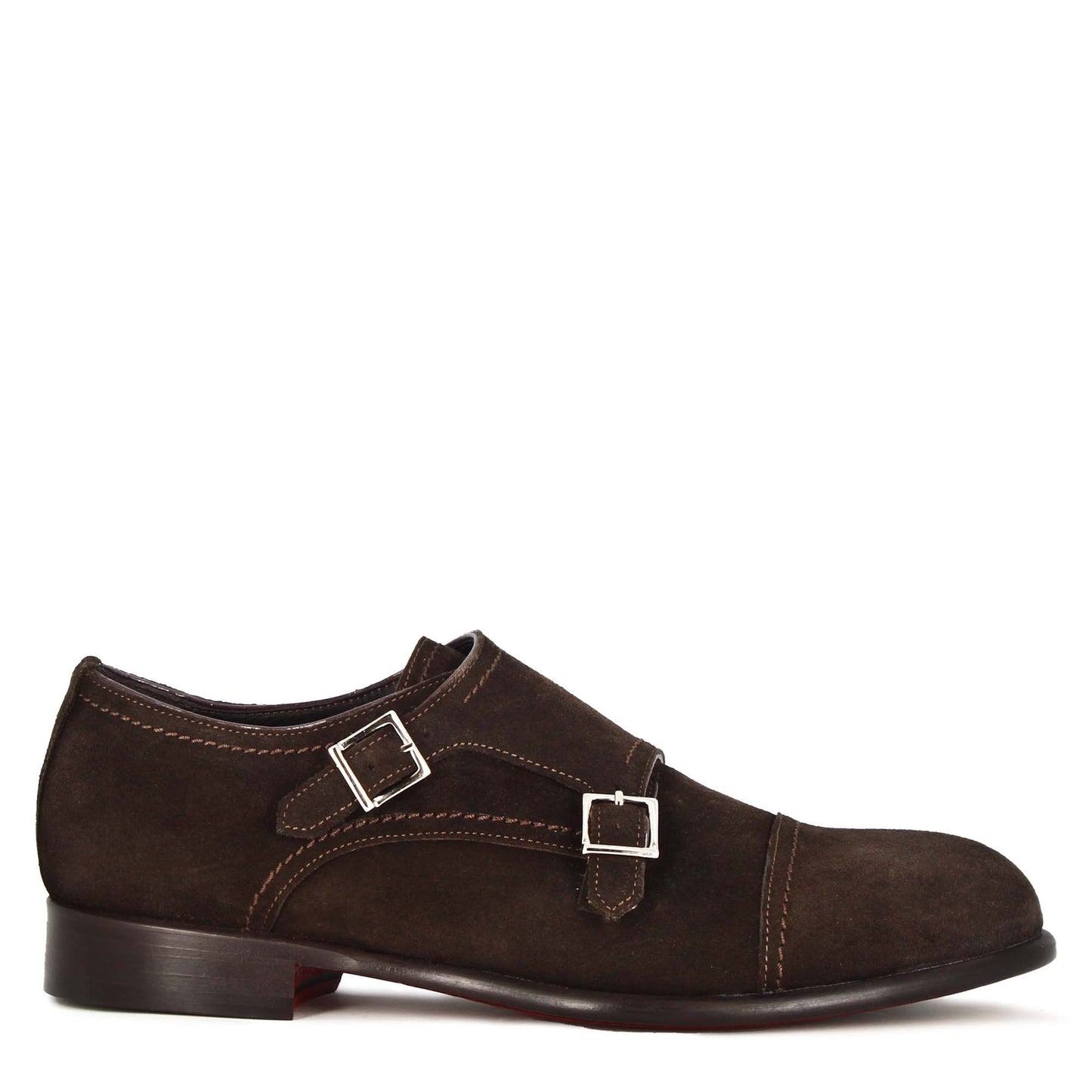 Men's double buckle shoe in dark brown suede