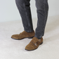Double buckle men's shoe in light brown suede